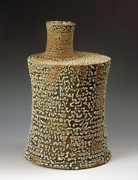 Thrown and assembled bottle with reticulated glaze.  29cm H x 20cm W.